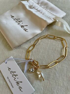 ettika Gold Paperclip Chain Bracelet with Pearl & Crystal Charms